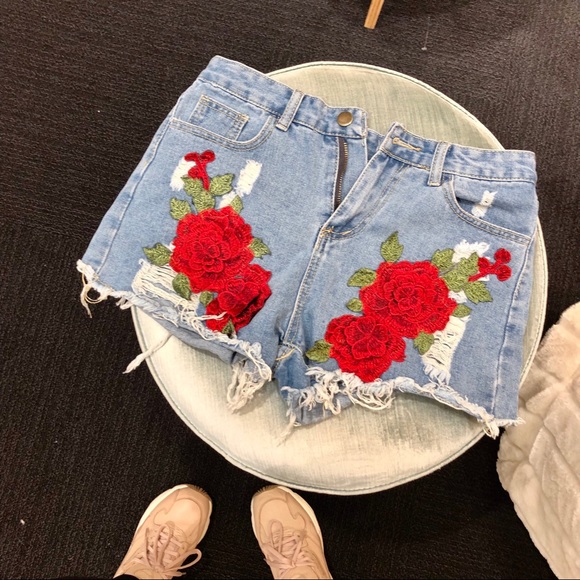 Pants - High waisted distressed embroidered denim shorts